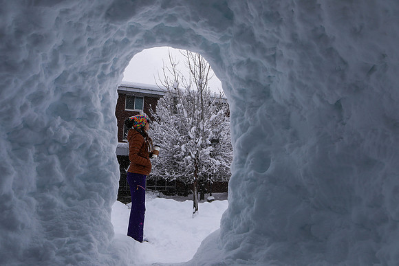Woman Takes in a Snow Covered Campus