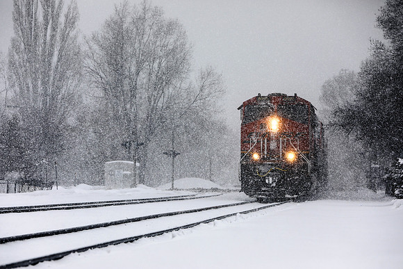 A Train Rolls Through Flagstaff Despite the Storm